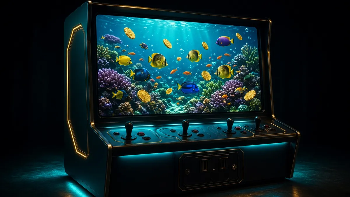 Dark water scene with gold arcs for the fishing games guide