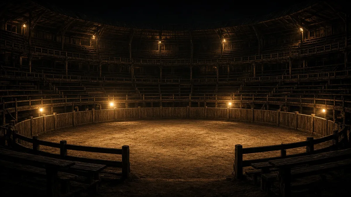 Dark arena illustration with a gold circle for the sabong guide